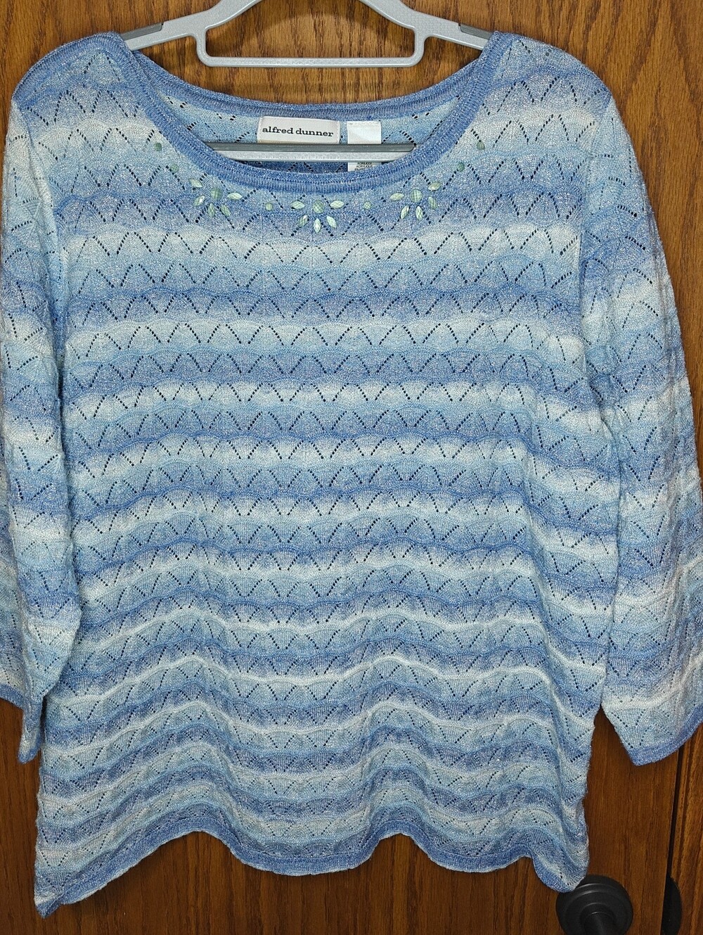 Women's Alfred Dunner Blue Striped, 3/4 Sleeve, Openwork Knit Sweater, Size 1X